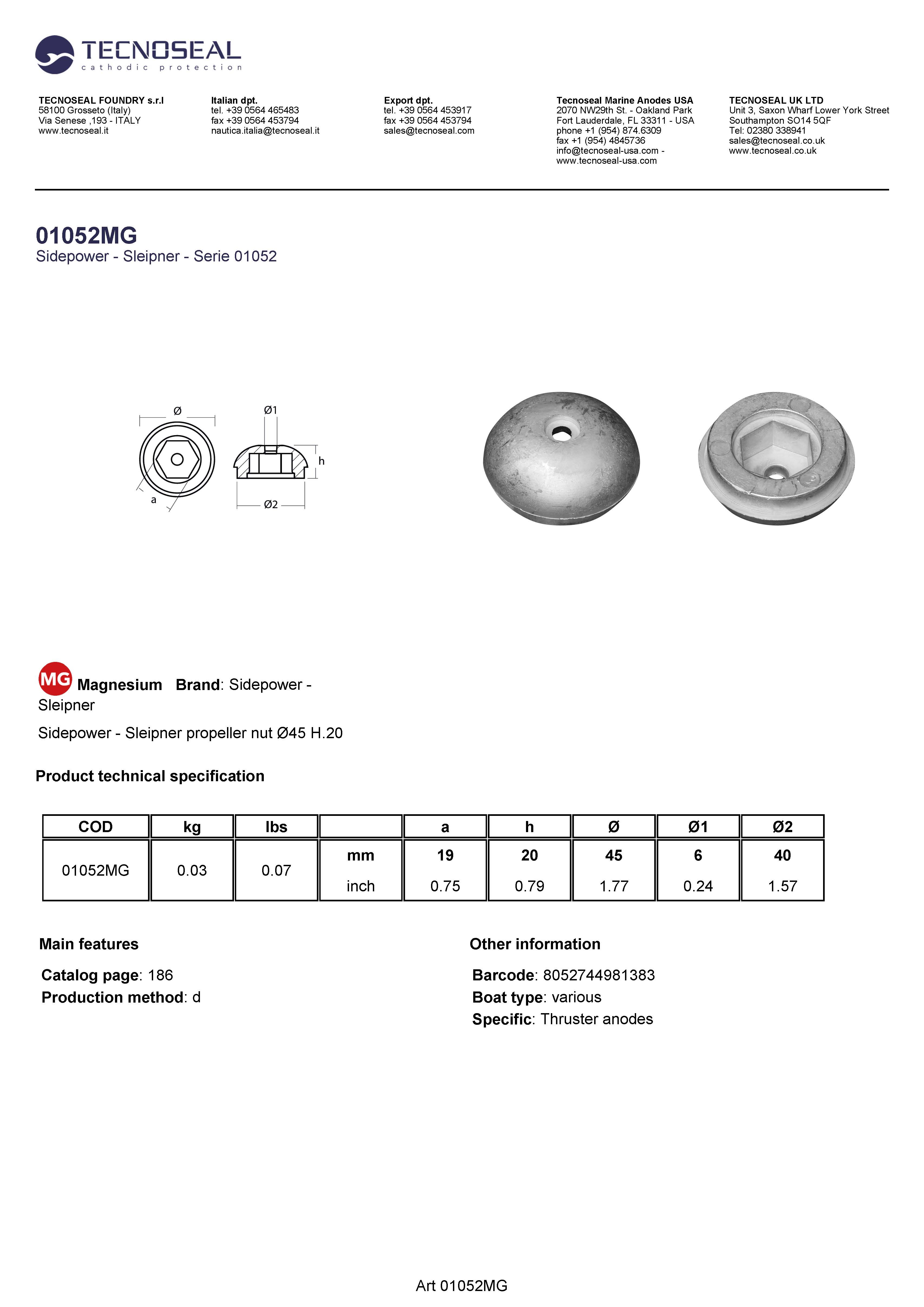Sidepower - Sleipner propeller nut &Oslash;45 H.20 - 01052mg - 01052MG