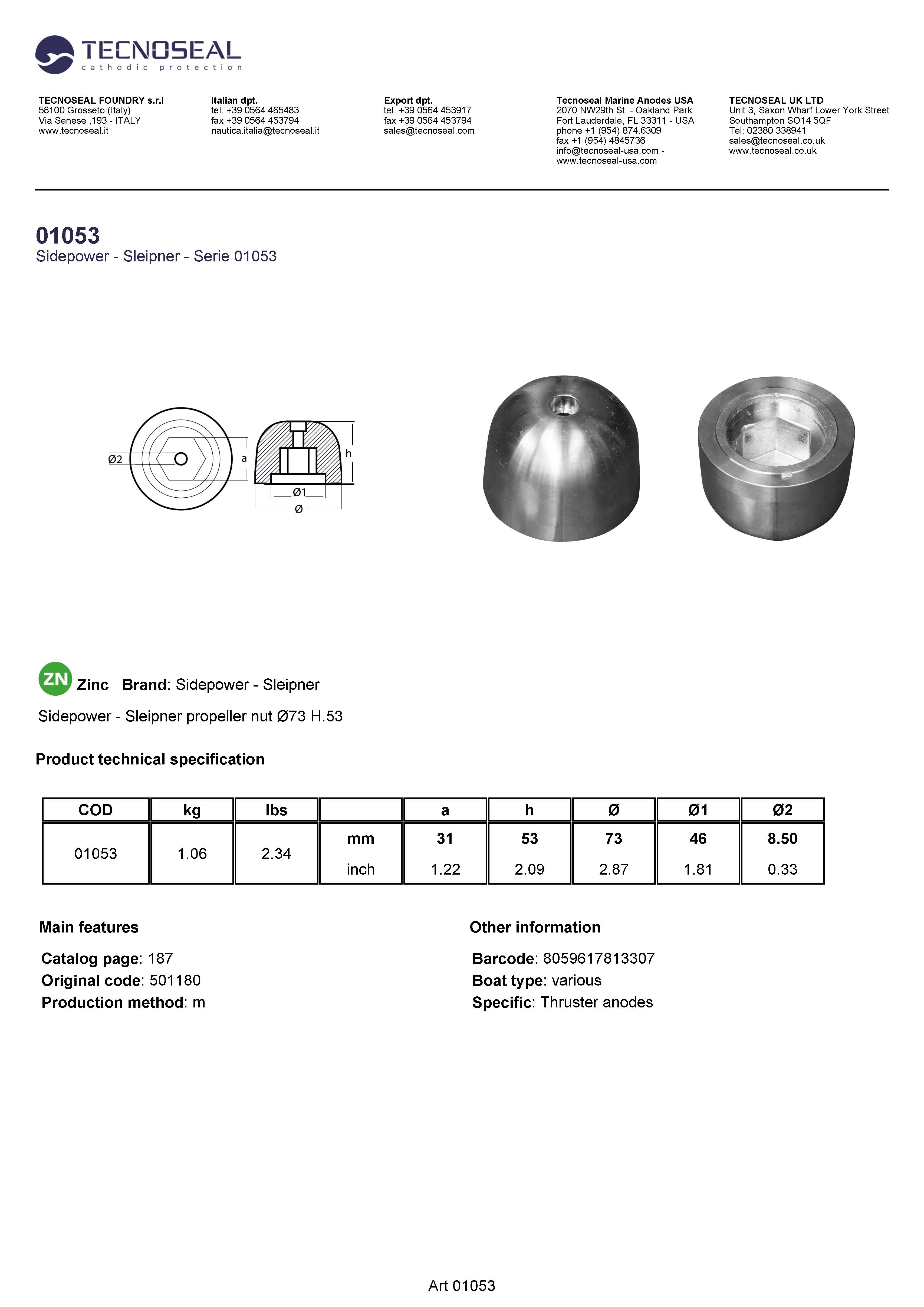 Sidepower - Sleipner propeller nut &Oslash;73 H.53 - 01053 1 - 01053