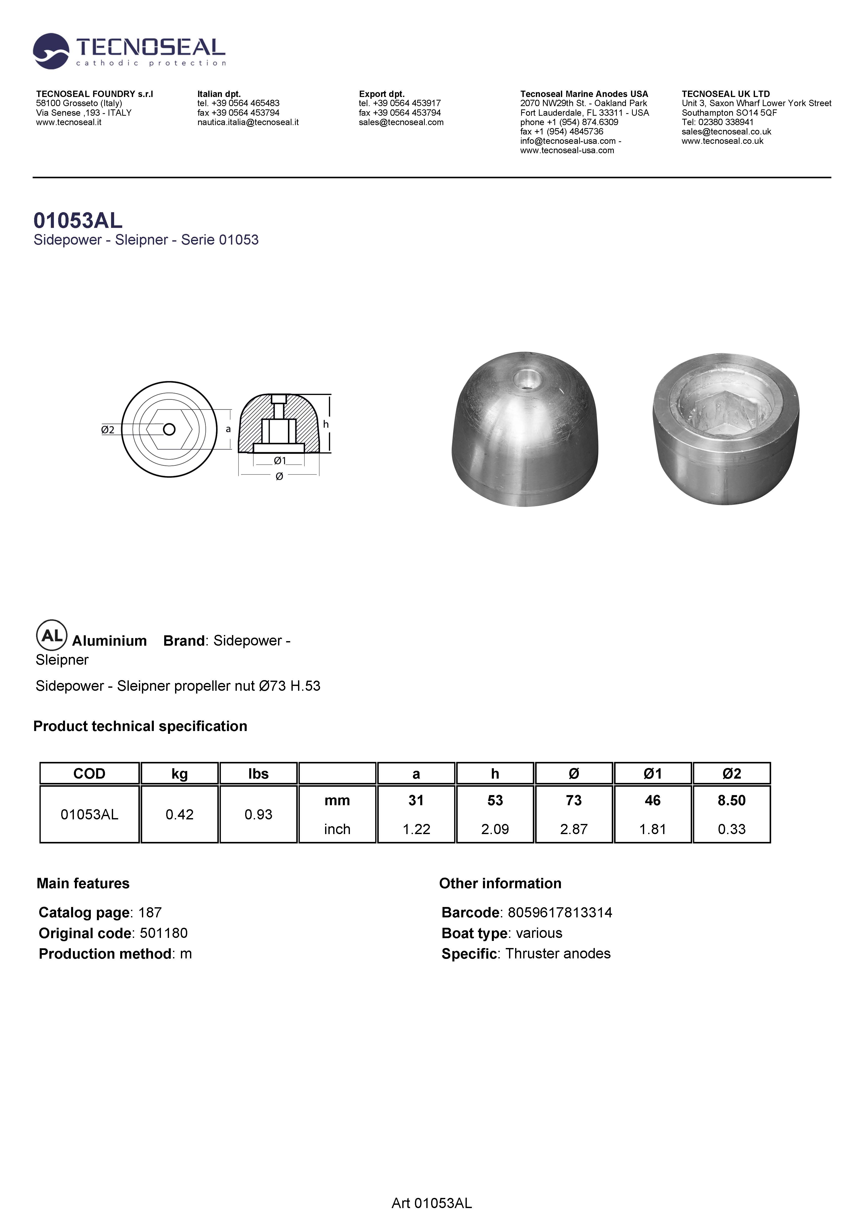 Sidepower - Sleipner propeller nut &Oslash;73 H.53 - 01053al - 01053AL