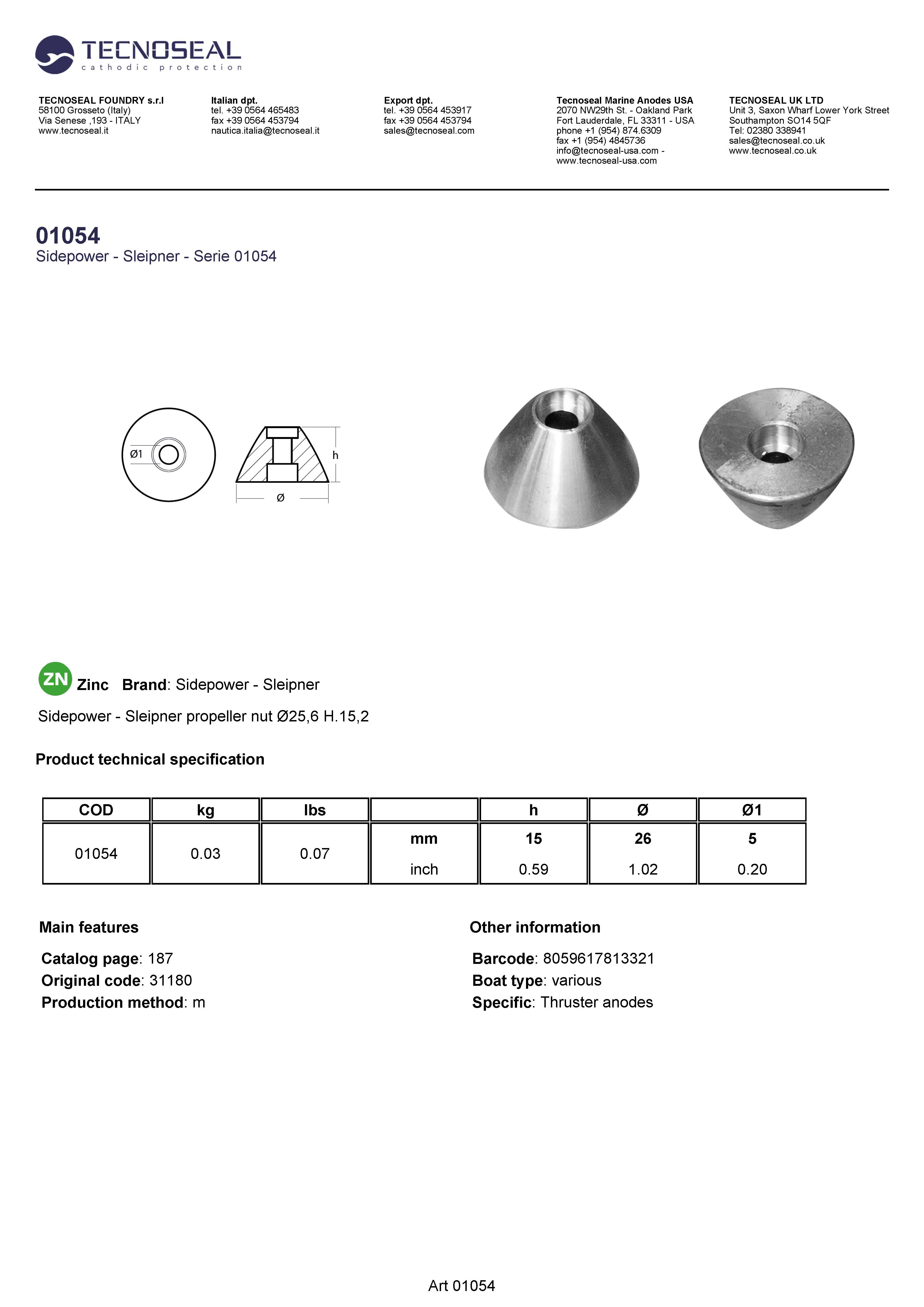 Sidepower - Sleipner propeller nut &Oslash;25,6 H.15,2 - 01054 1 - 01054