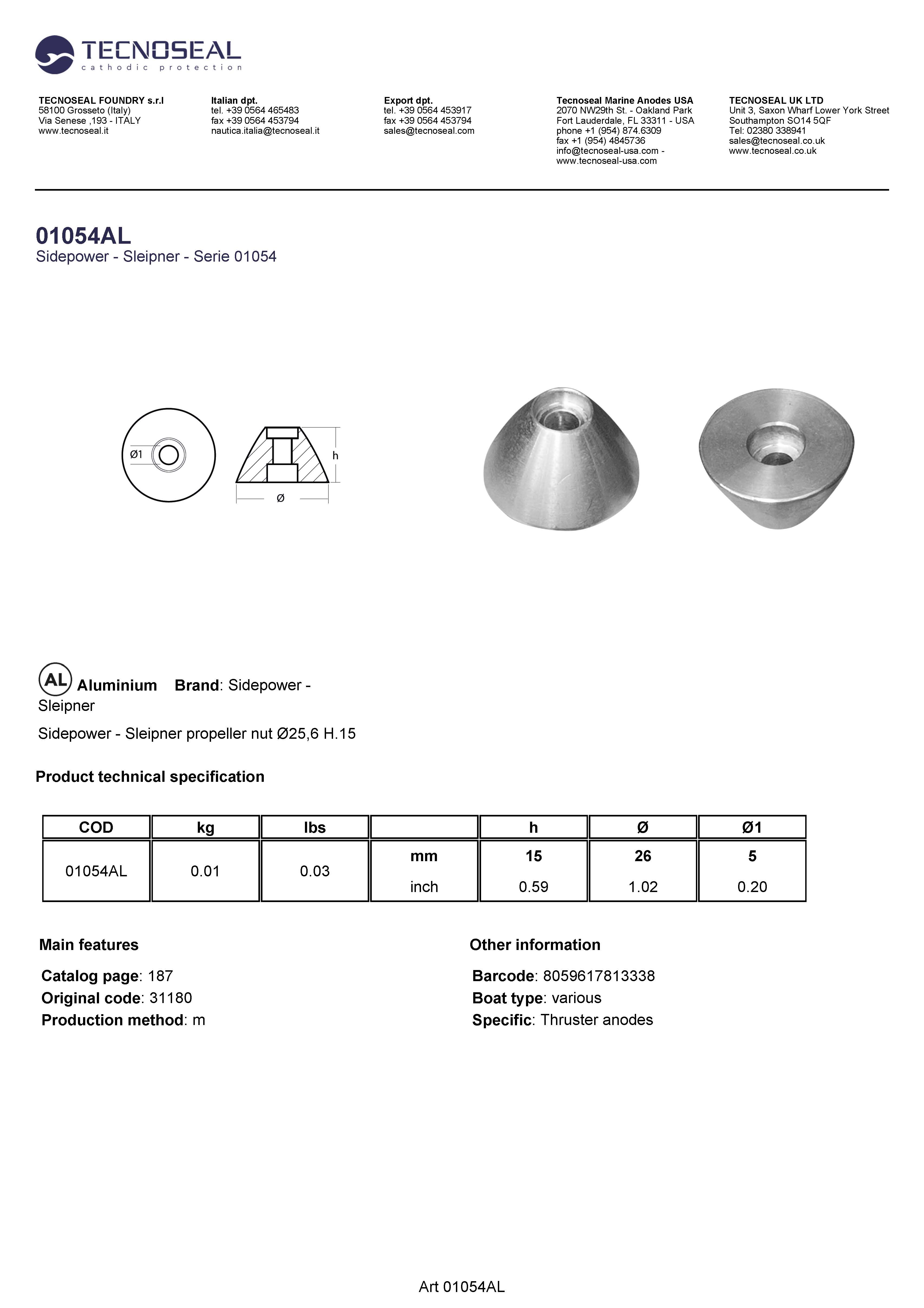 Sidepower - Sleipner propeller nut &Oslash;25,6 H.15 - 01054al - 01054AL