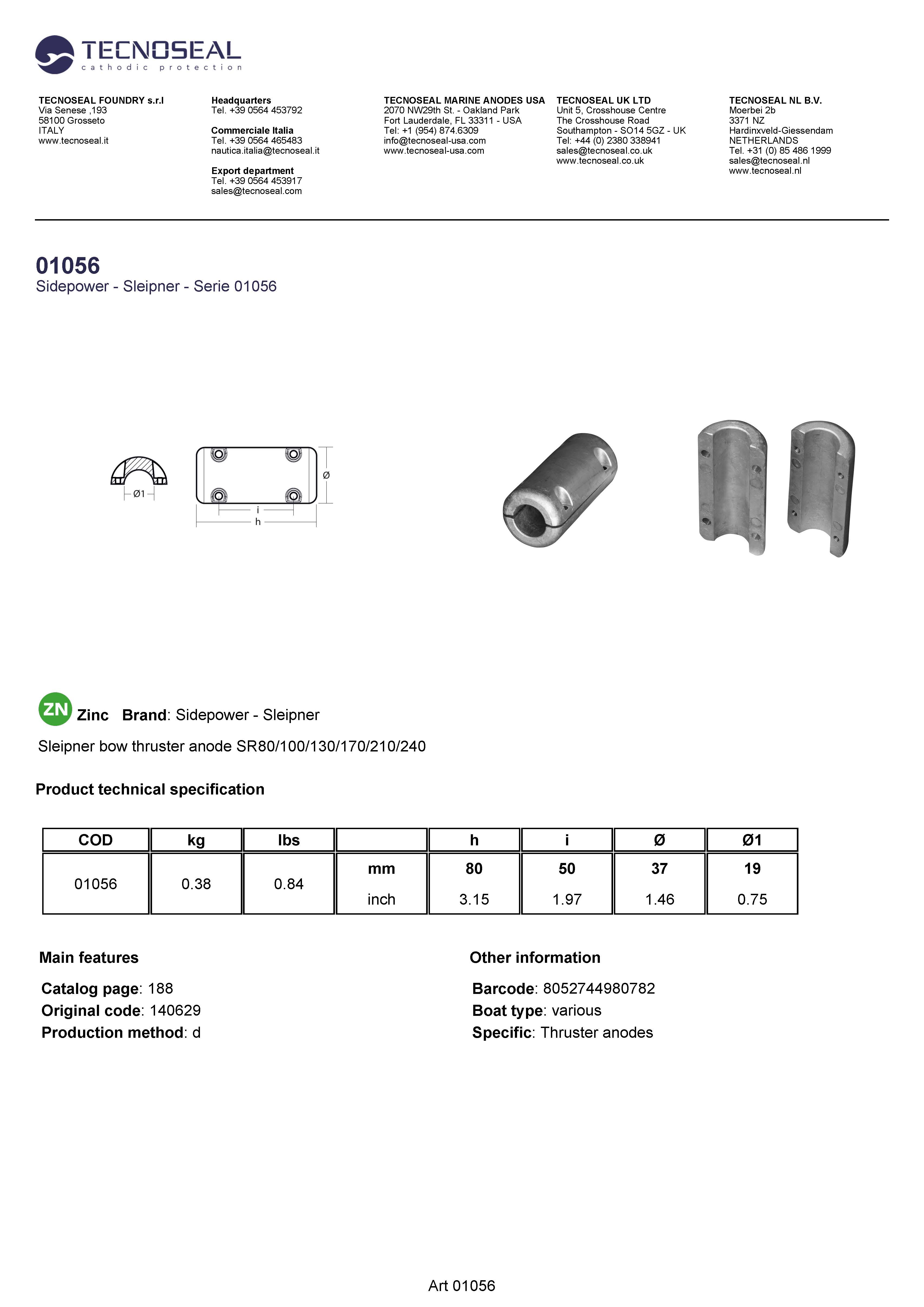 Sleipner bow thruster anode SR80/100/130/170/210/240 - 01056 1 - 01056