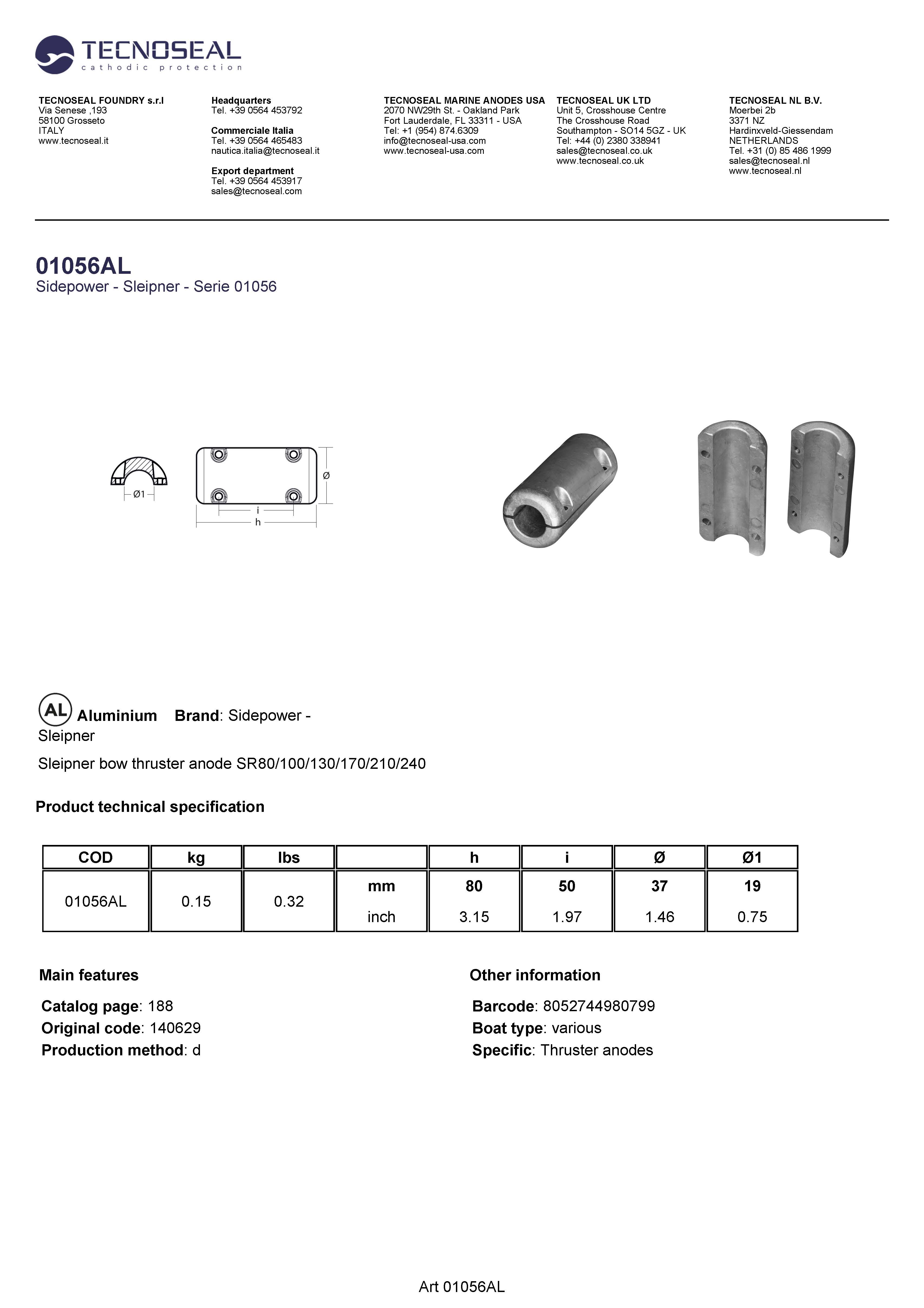 Sleipner bow thruster anode SR80/100/130/170/210/240 - 01056al 1 - 01056AL