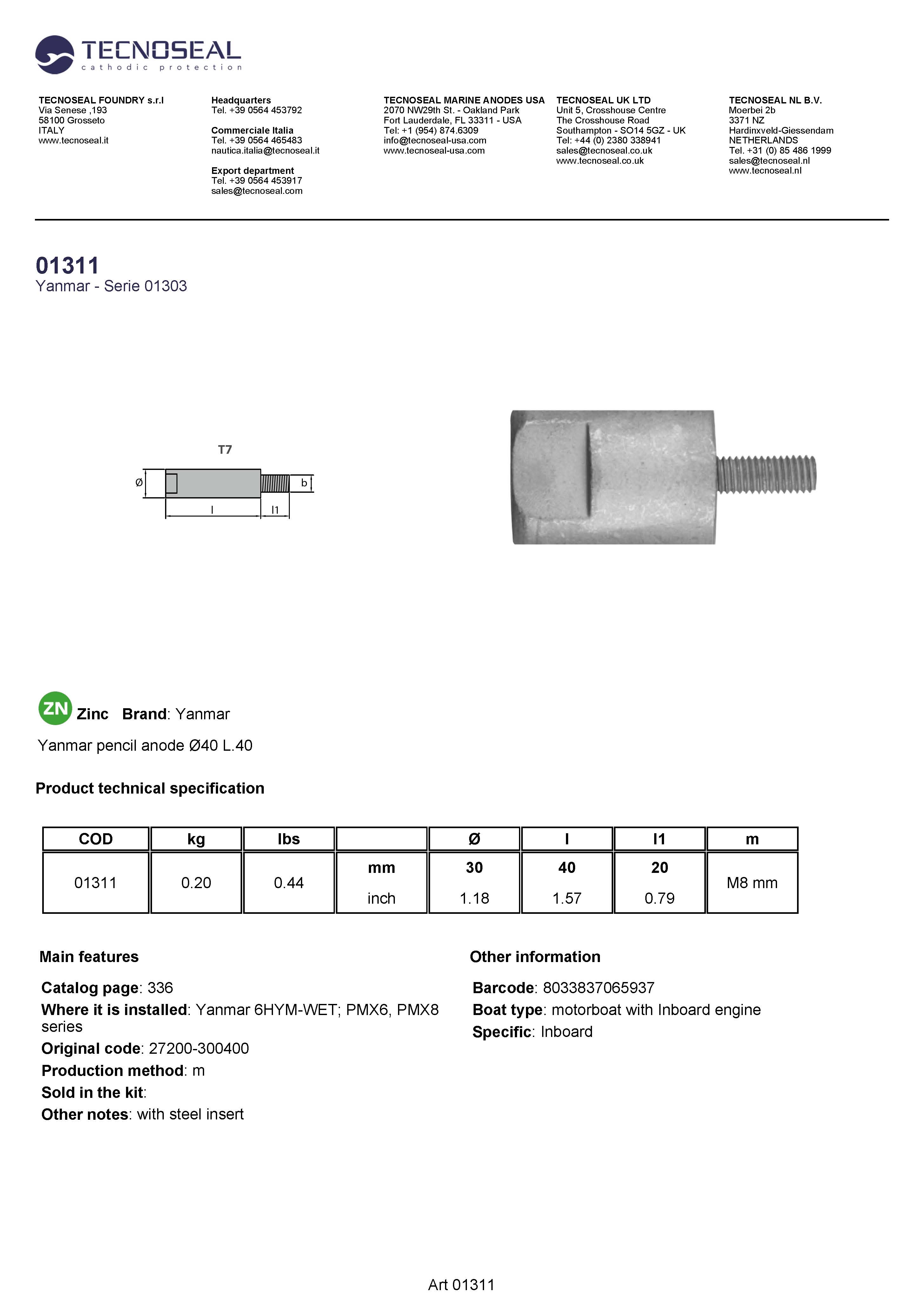 Yanmar pencil anode &Oslash;40 L.40 - 01311 1 - 01311