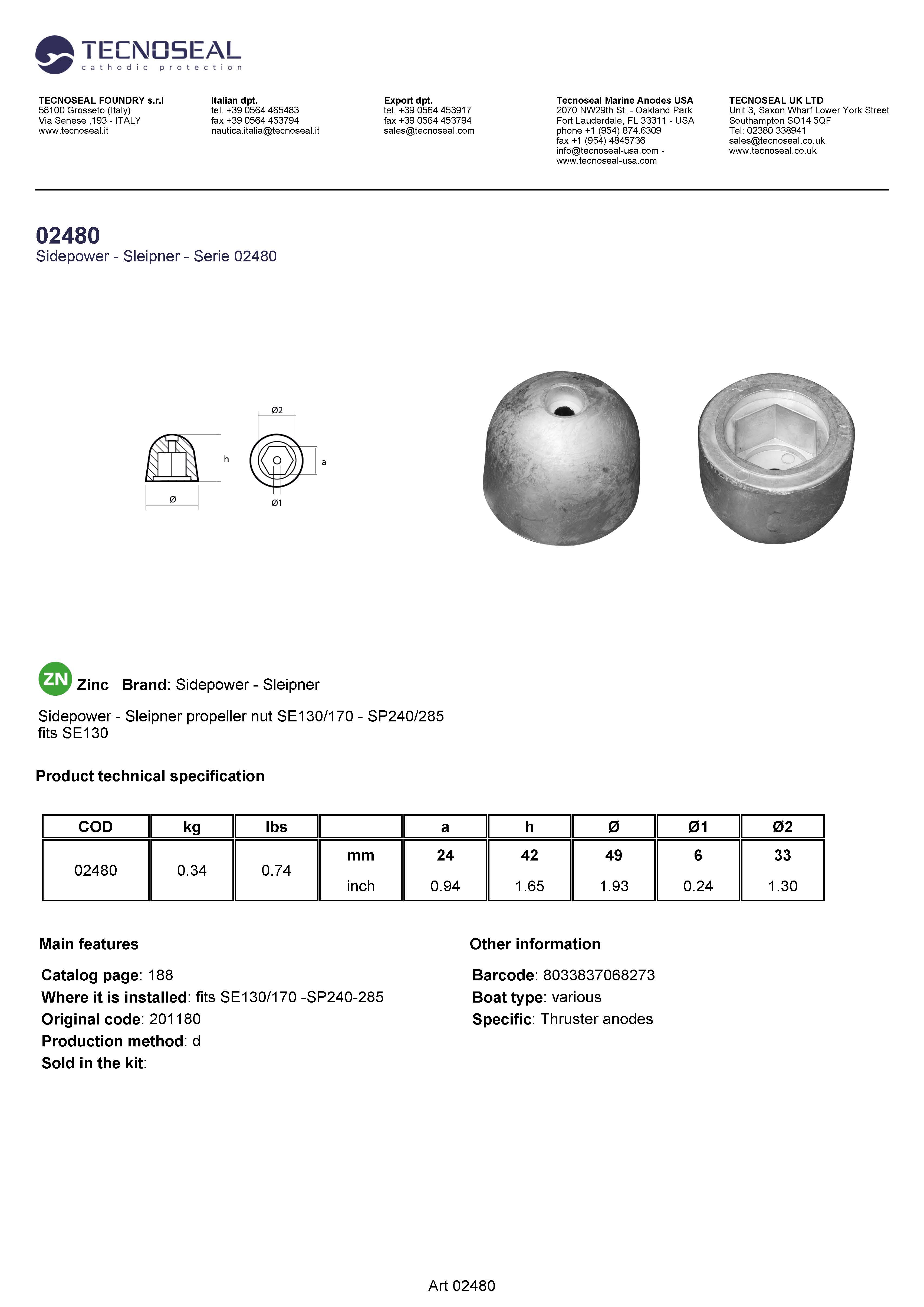 Sidepower - Sleipner propeller nut SE130/170 - SP240/285 - 02480 - 02480