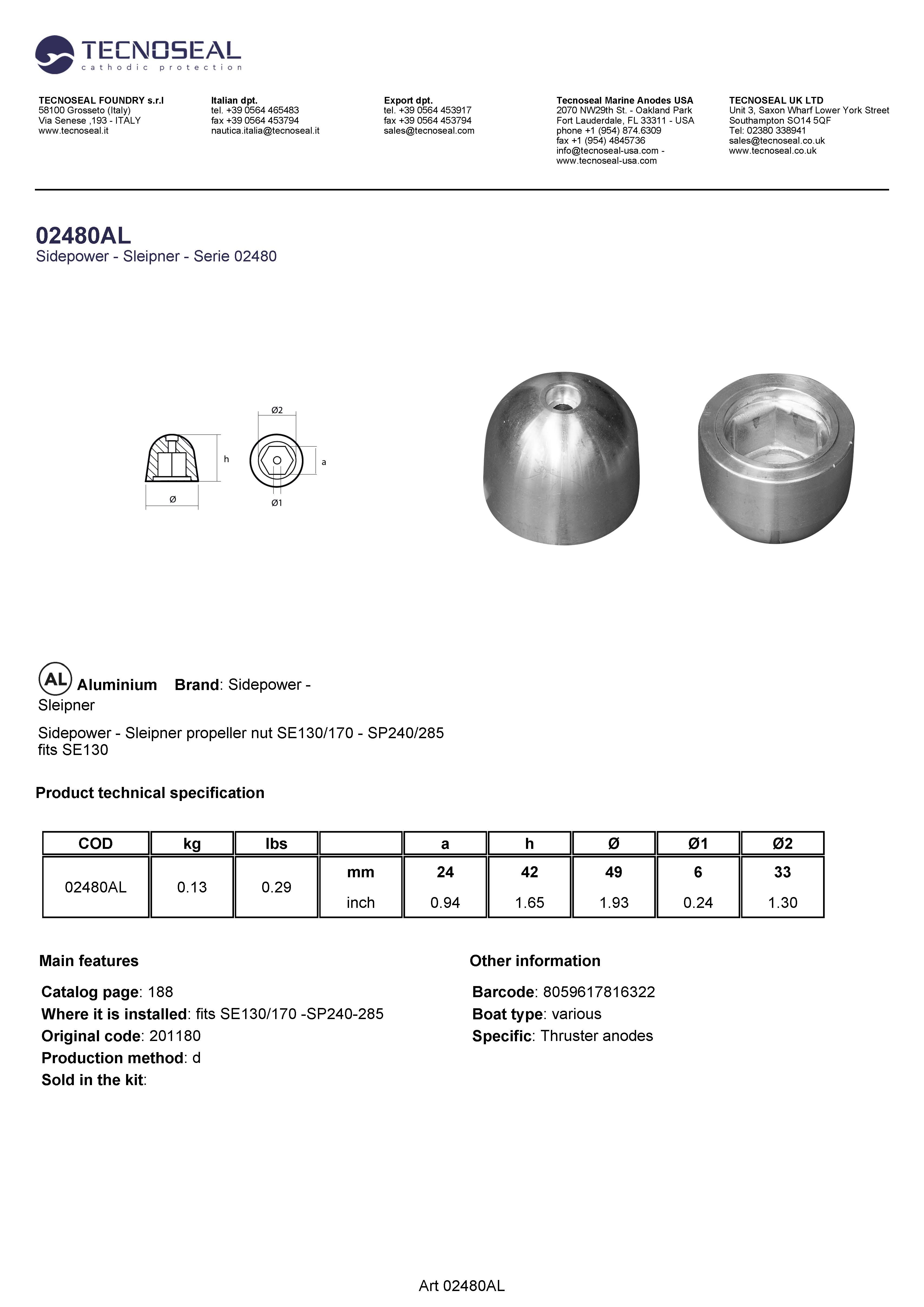 Sidepower - Sleipner propeller nut SE130/170 - SP240/285 - 02480al - 02480AL