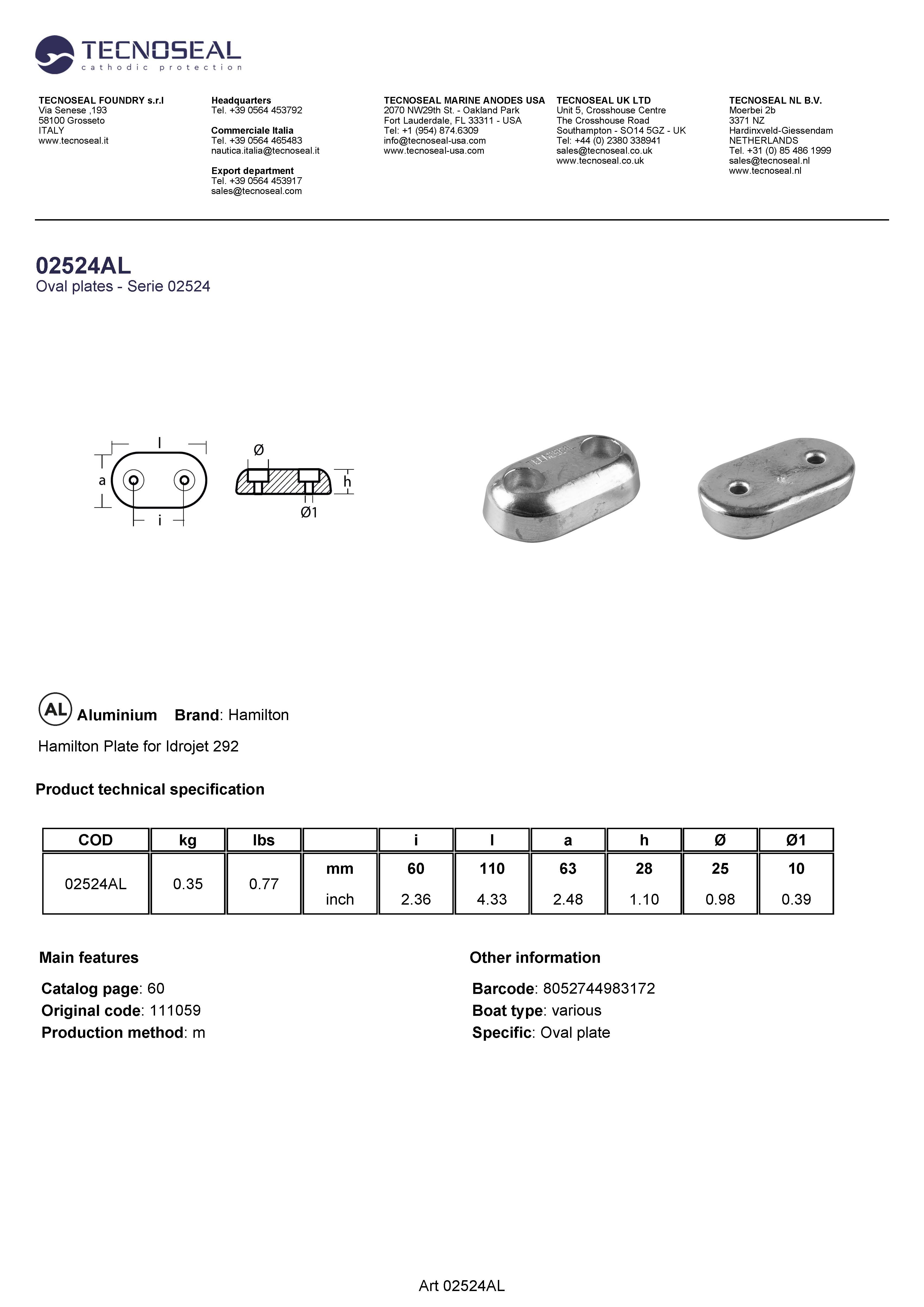 Hamilton Plate for Idrojet 292 - 02524al 1 - 02524AL