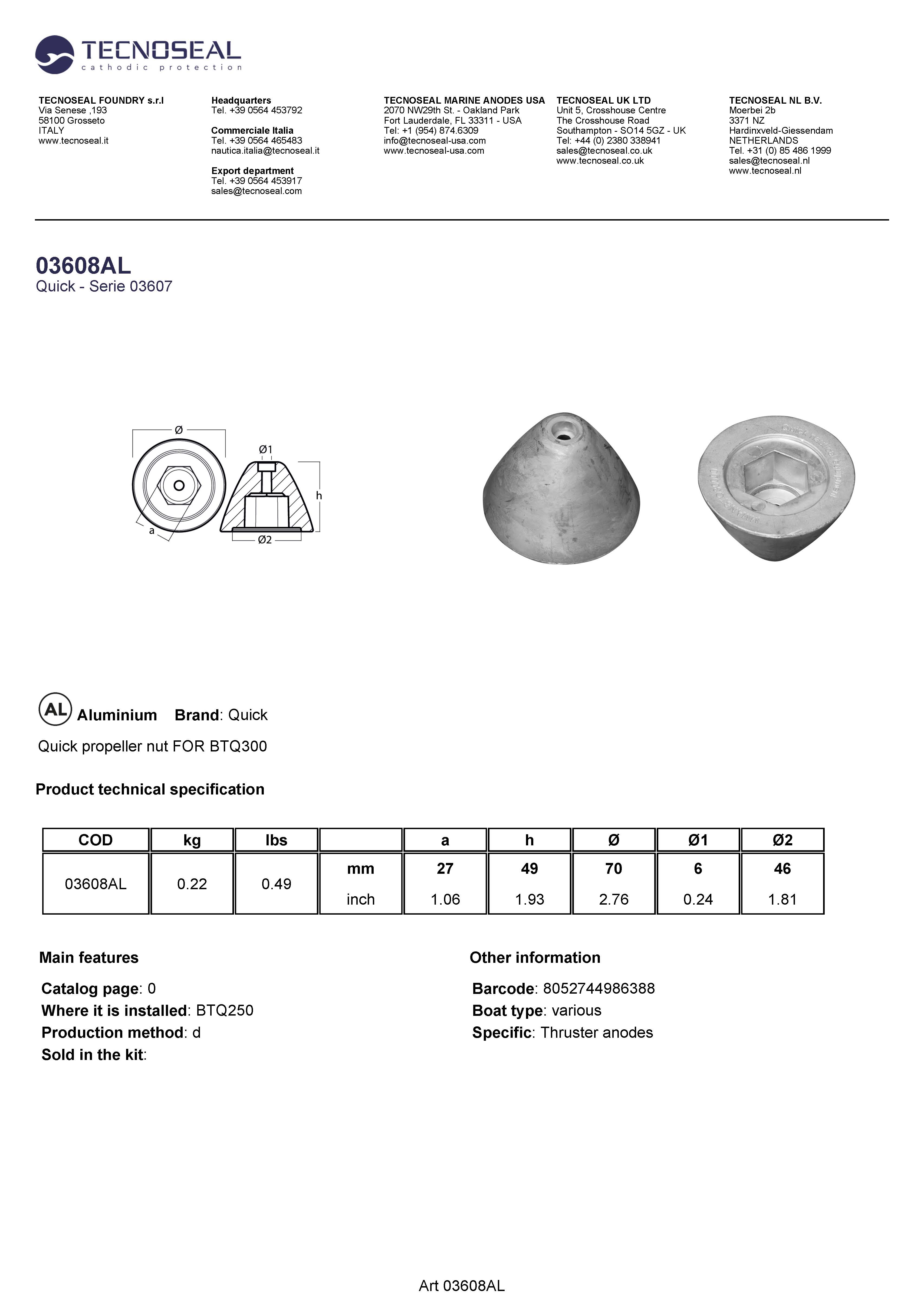 Quick propeller nut FOR BTQ300 - 03608al - 03608AL